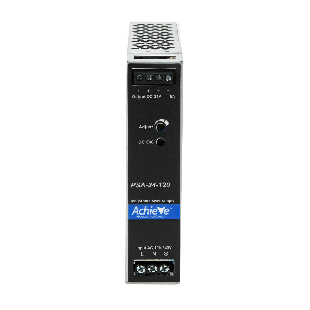 AchieVe PSA series switching power supply, 24 VDC @ 5A/120W, 120/240 VAC nominal input, 1-phase, enclosed, aluminum housing, 35mm DIN rail mount, screw terminals.-PSA-24-120