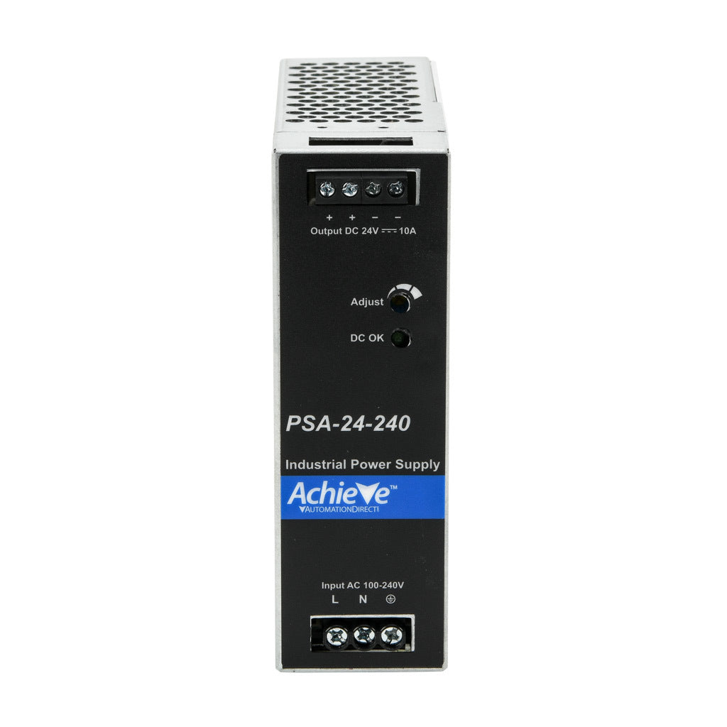 AchieVe PSA series switching power supply, 24 VDC @ 10A/240W, 120/240 VAC nominal input, 1-phase, enclosed, aluminum housing, 35mm DIN rail mount, screw terminals.-PSA-24-240