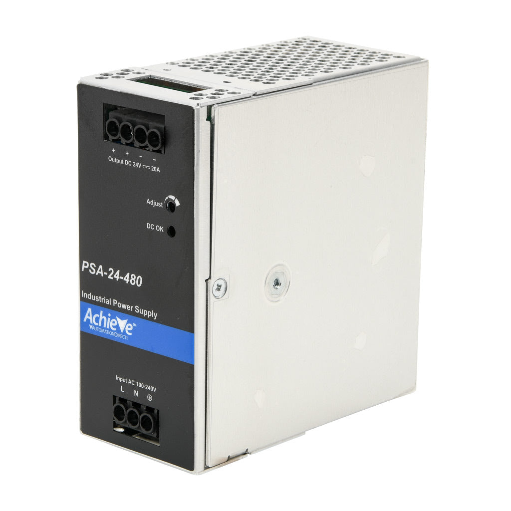 AchieVe PSA series switching power supply, 24 VDC @ 20A/480W, 120/240 VAC nominal input, 1-phase, enclosed, aluminum housing, 35mm DIN rail mount, screw terminals.-PSA-24-480