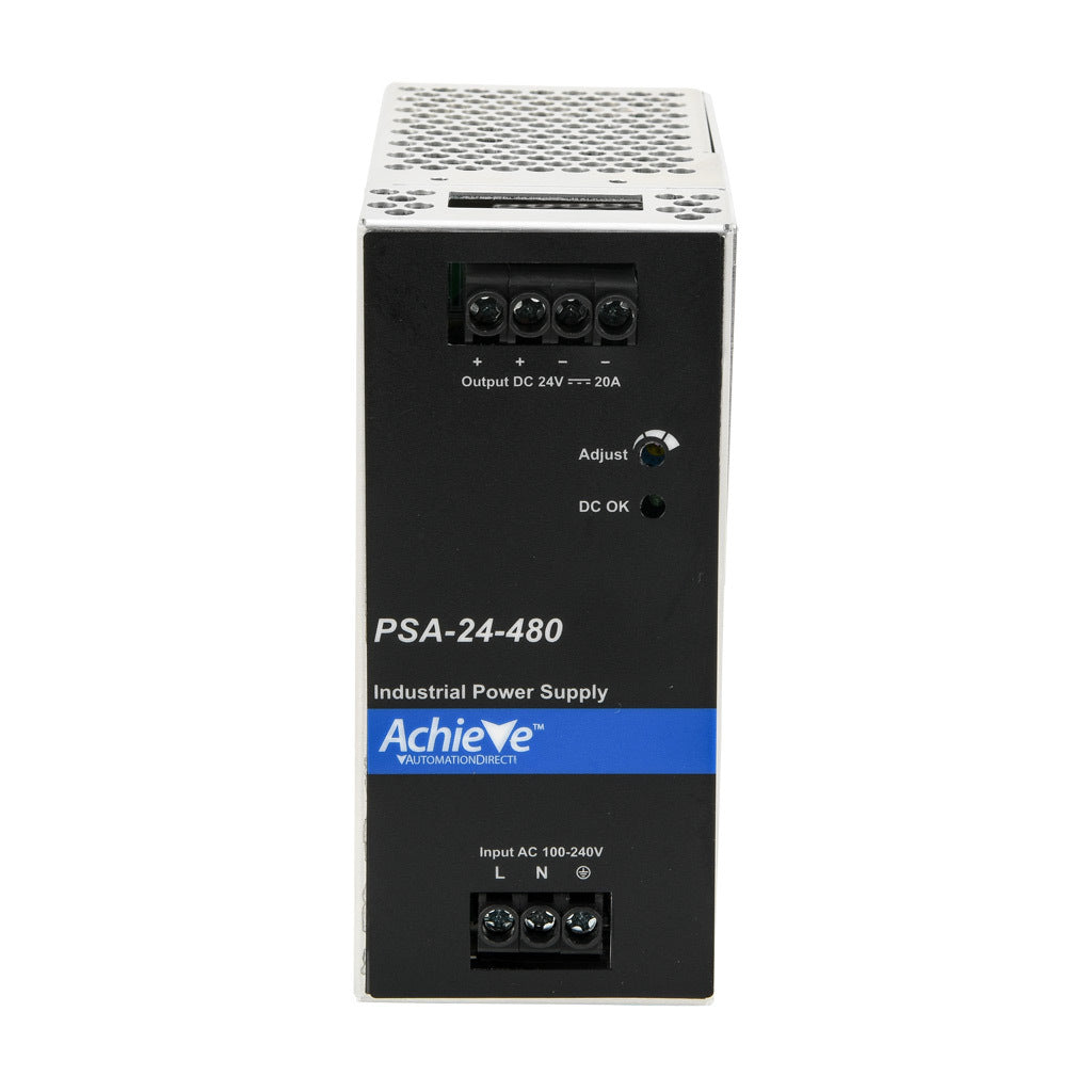 AchieVe PSA series switching power supply, 24 VDC @ 20A/480W, 120/240 VAC nominal input, 1-phase, enclosed, aluminum housing, 35mm DIN rail mount, screw terminals.-PSA-24-480