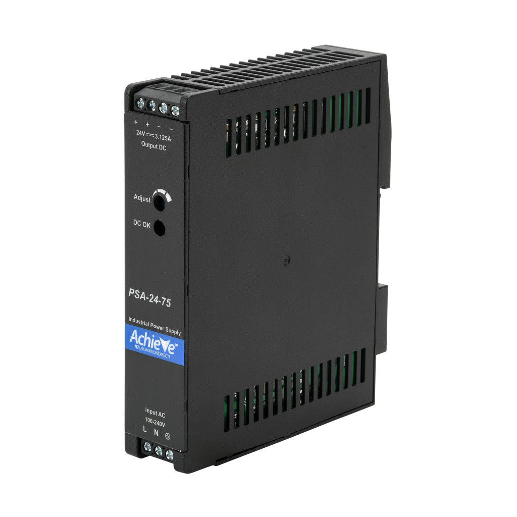 AchieVe PSA series switching power supply, 24 VDC @ 3.125A/75W, 120/240 VAC nominal input, 1-phase, enclosed, plastic housing, 35mm DIN rail mount, screw terminals.-PSA-24-75