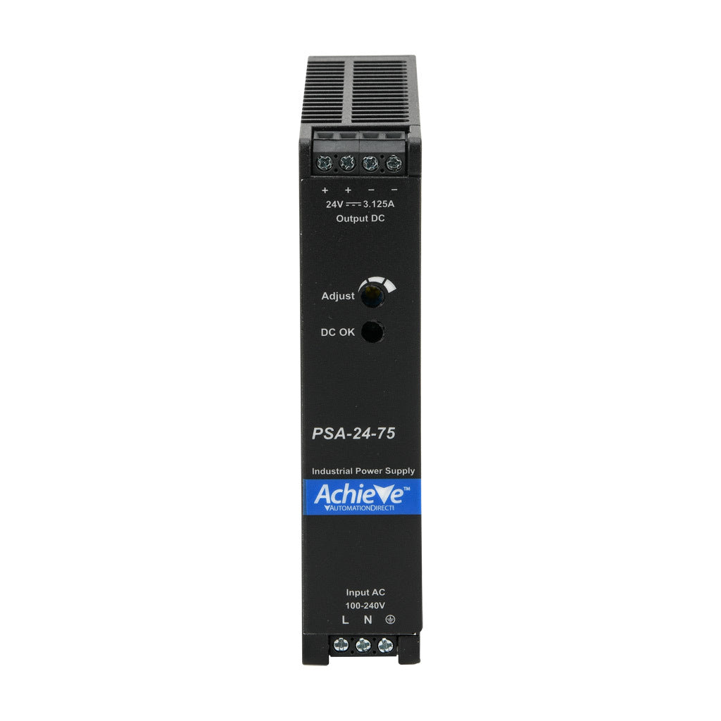 AchieVe PSA series switching power supply, 24 VDC @ 3.125A/75W, 120/240 VAC nominal input, 1-phase, enclosed, plastic housing, 35mm DIN rail mount, screw terminals.-PSA-24-75