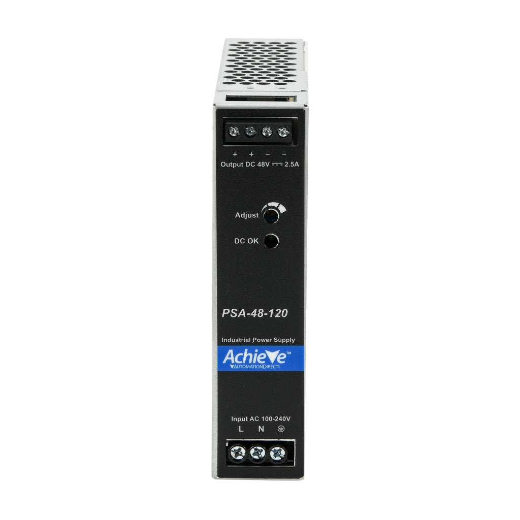 AchieVe PSA series switching power supply, 48 VDC @ 2.5A/120W, 120/240 VAC nominal input, 1-phase, enclosed, aluminum housing, 35mm DIN rail mount, screw terminals.-PSA-48-120