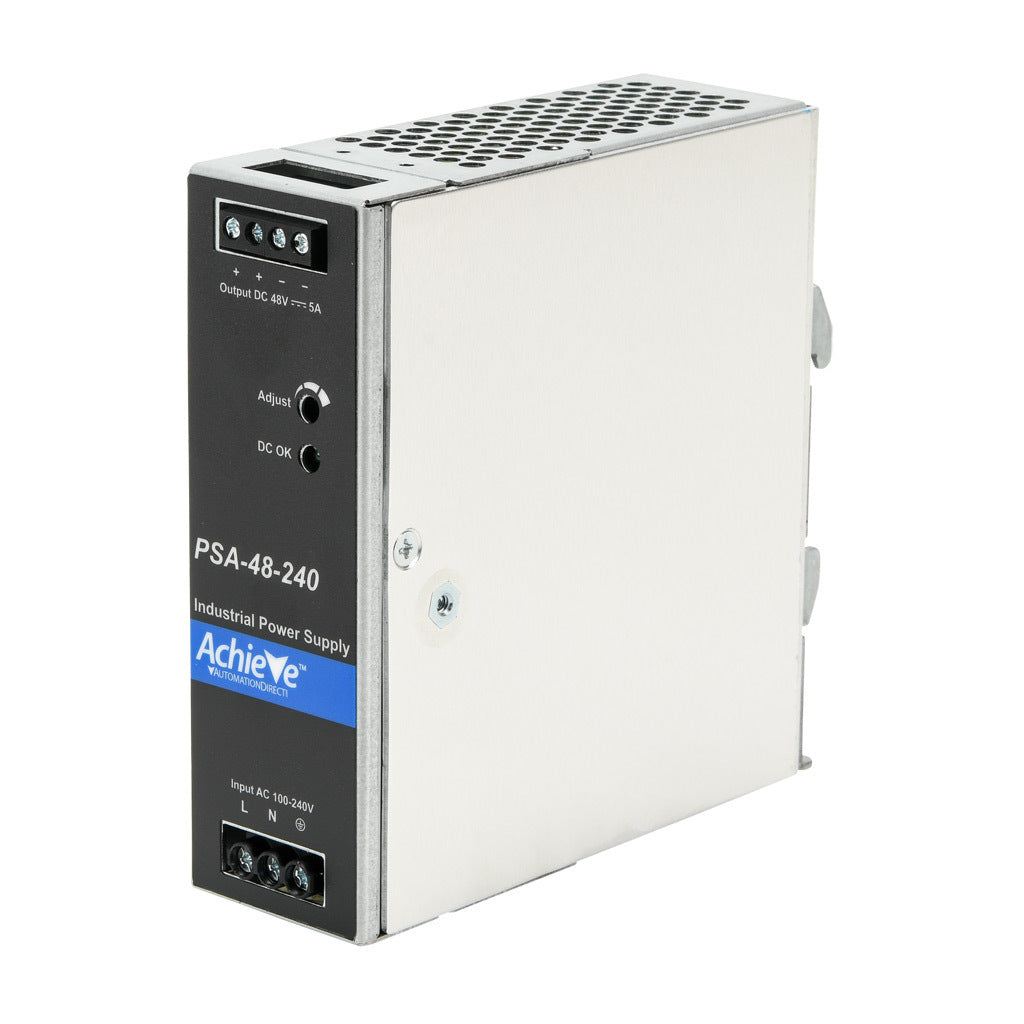 AchieVe PSA series switching power supply, 48 VDC @ 5A/240W, 120/240 VAC nominal input, 1-phase, enclosed, aluminum housing, 35mm DIN rail mount, screw terminals.-PSA-48-240