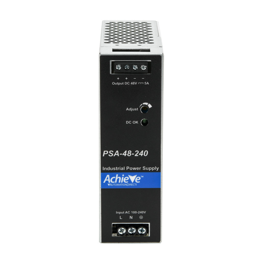 AchieVe PSA series switching power supply, 48 VDC @ 5A/240W, 120/240 VAC nominal input, 1-phase, enclosed, aluminum housing, 35mm DIN rail mount, screw terminals.-PSA-48-240