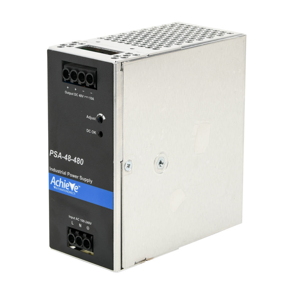 AchieVe PSA series switching power supply, 48 VDC @ 10A/480W, 120/240 VAC nominal input, 1-phase, enclosed, aluminum housing, 35mm DIN rail mount, screw terminals.-PSA-48-480