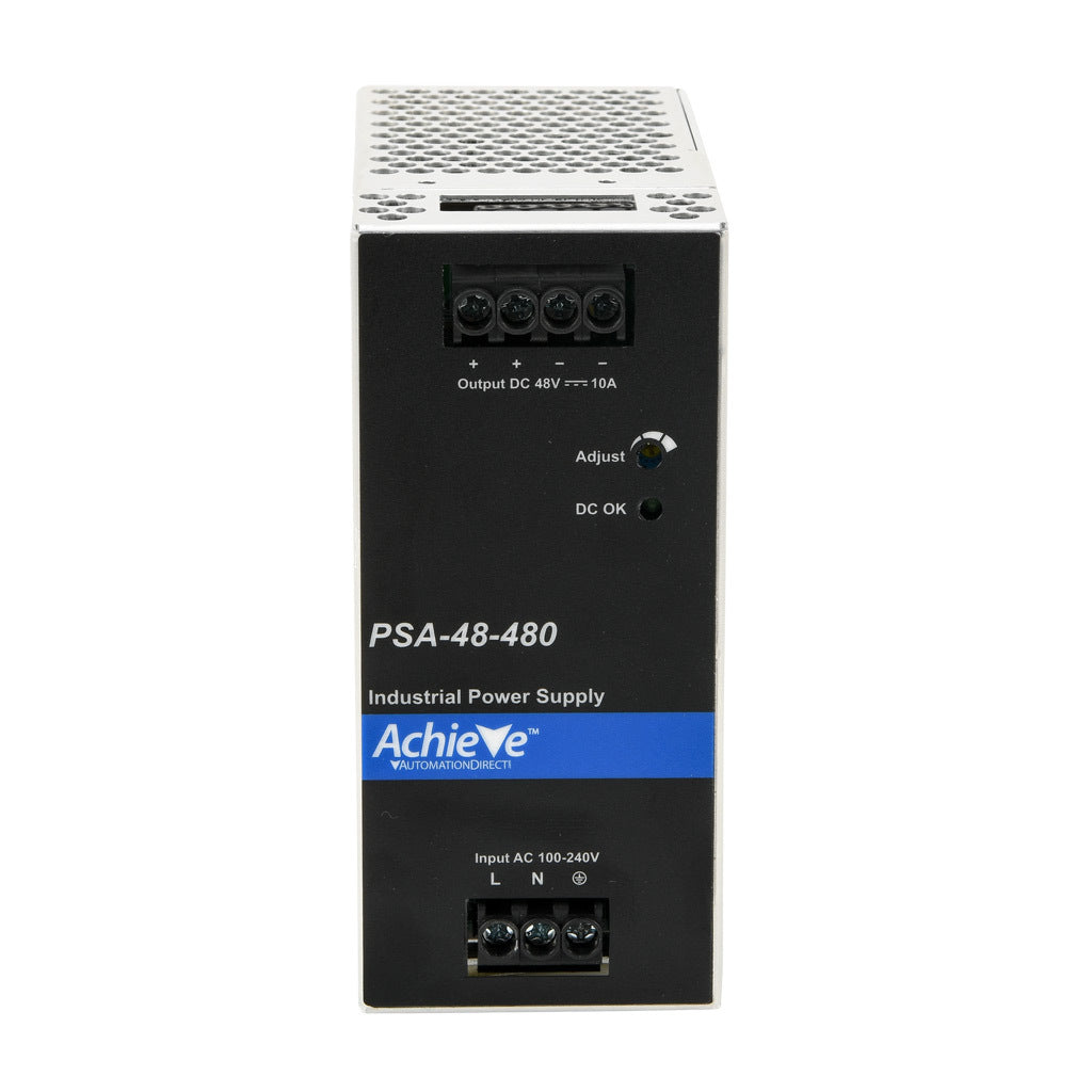 AchieVe PSA series switching power supply, 48 VDC @ 10A/480W, 120/240 VAC nominal input, 1-phase, enclosed, aluminum housing, 35mm DIN rail mount, screw terminals.-PSA-48-480
