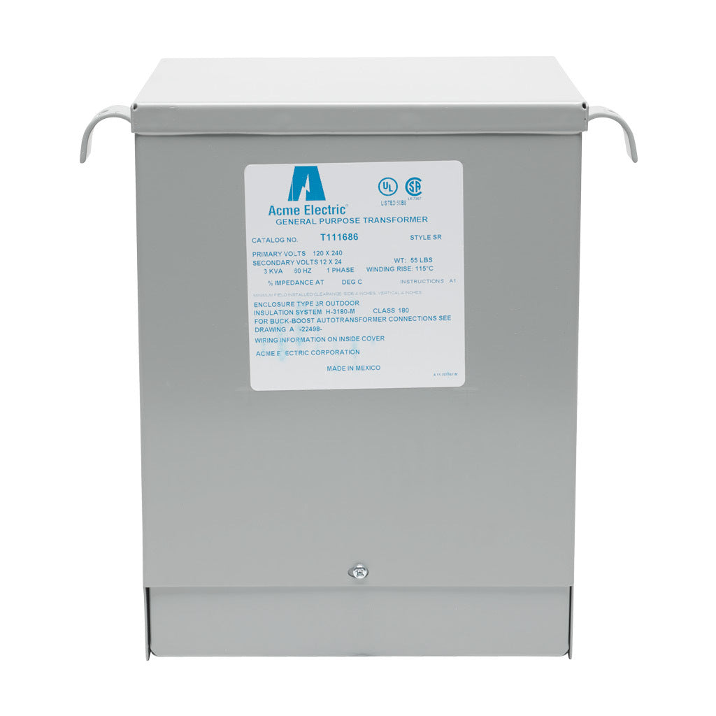 ACME buck-boost transformer, encapsulated core, 3 kVA, 1-phase, 120/240 VAC, 12/24 VAC secondary, 60 Hz, NEMA 3R, wall mount.-T111686