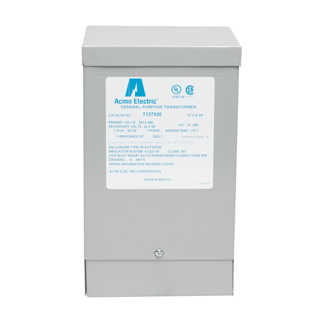 ACME buck-boost transformer, encapsulated core, 1 kVA, 1-phase, 240/480 VAC, 24/48 VAC secondary, 60 Hz, NEMA 3R, wall mount.-T137920