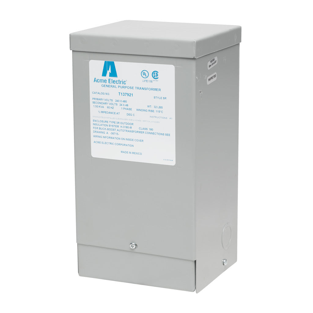 ACME buck-boost transformer, encapsulated core, 1.5 kVA, 1-phase, 240/480 VAC, 24/48 VAC secondary, 60 Hz, NEMA 3R, wall mount.-T137921