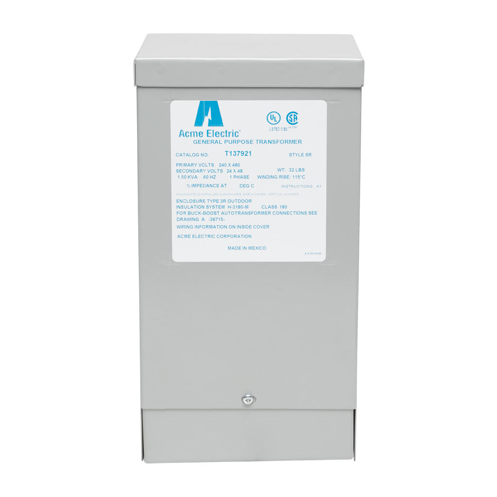 ACME buck-boost transformer, encapsulated core, 1.5 kVA, 1-phase, 240/480 VAC, 24/48 VAC secondary, 60 Hz, NEMA 3R, wall mount.-T137921