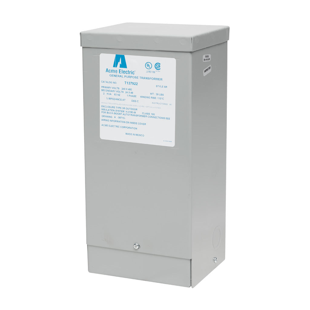ACME buck-boost transformer, encapsulated core, 2 kVA, 1-phase, 240/480 VAC, 24/48 VAC secondary, 60 Hz, NEMA 3R, wall mount.-T137922