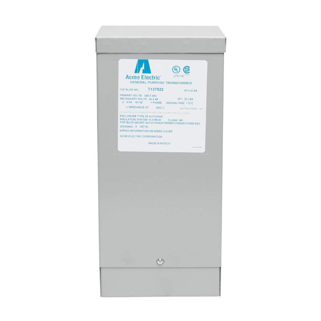 ACME buck-boost transformer, encapsulated core, 2 kVA, 1-phase, 240/480 VAC, 24/48 VAC secondary, 60 Hz, NEMA 3R, wall mount.-T137922