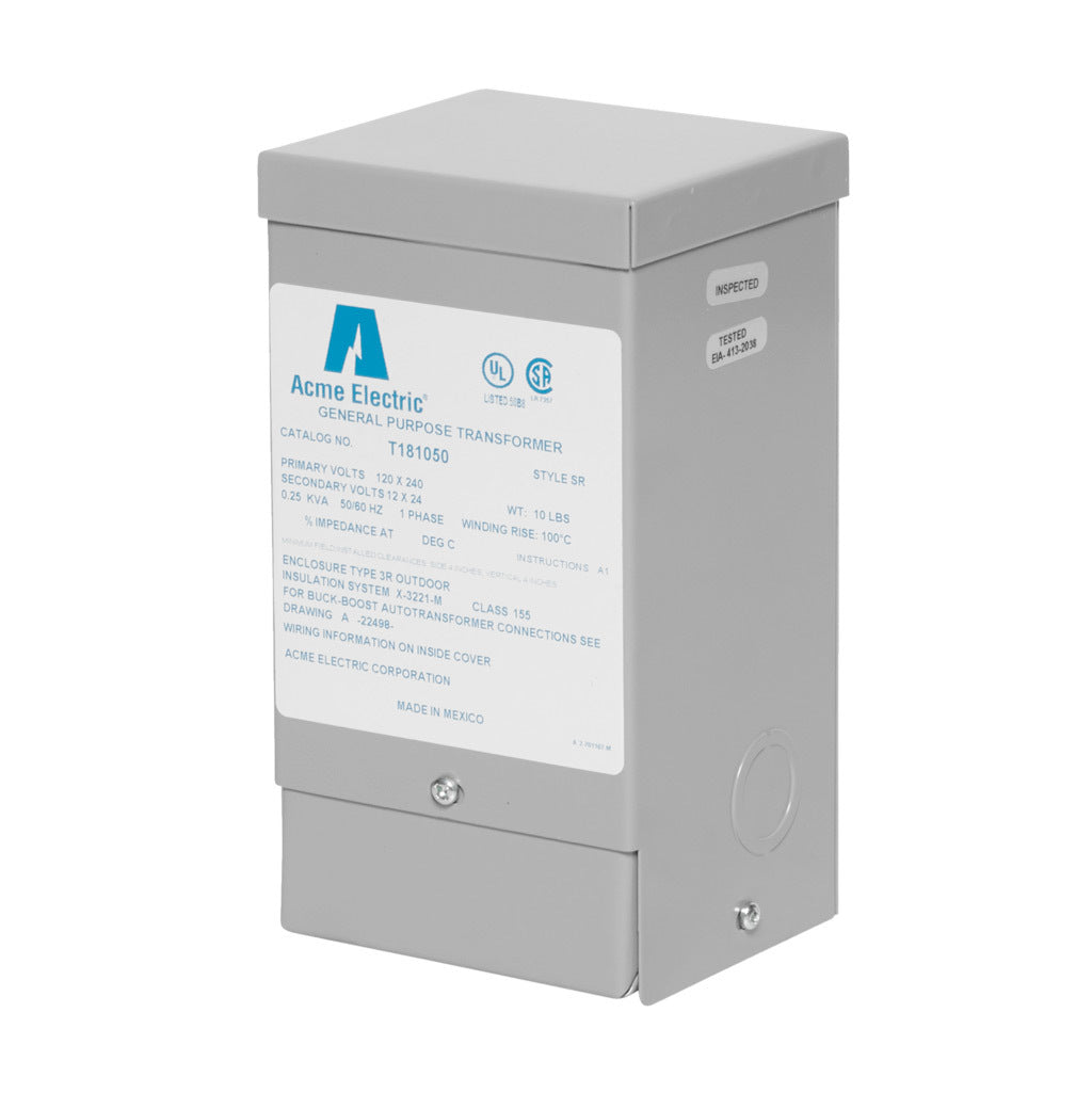 ACME buck-boost transformer, encapsulated core, 250 VA, 1-phase, 120/240 VAC, 12/24 VAC secondary, 50/60 Hz, NEMA 3R, wall mount.-T181050