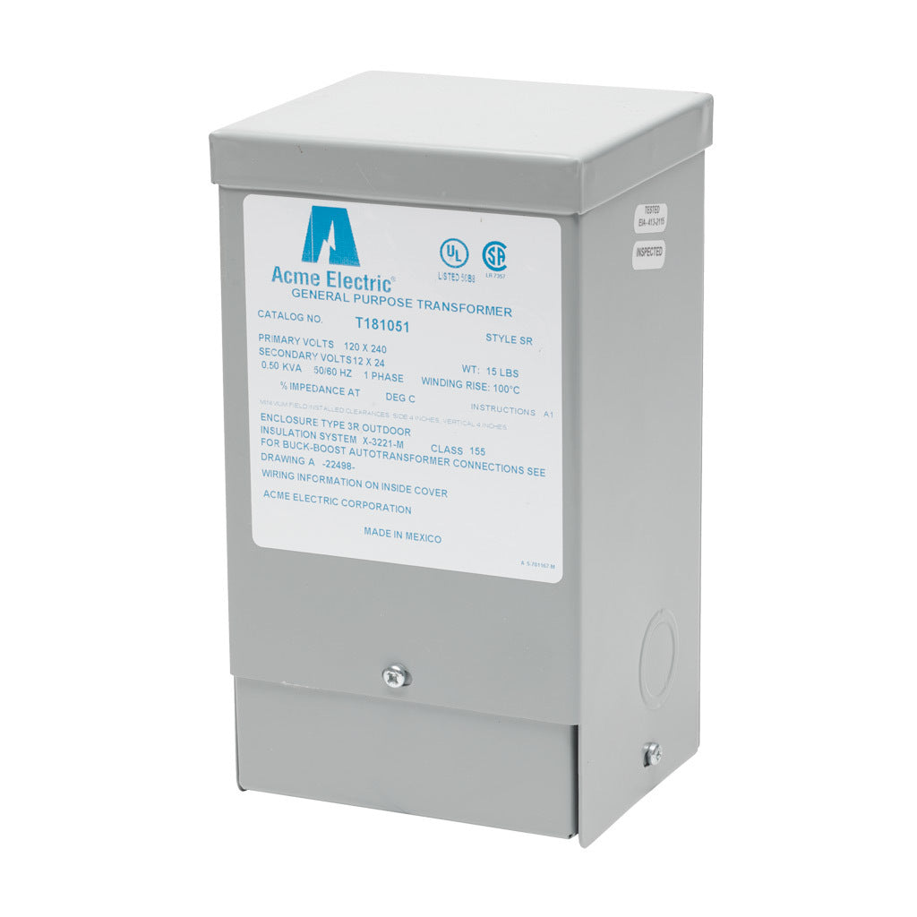 ACME buck-boost transformer, encapsulated core, 500 VA, 1-phase, 120/240 VAC, 12/24 VAC secondary, 50/60 Hz, NEMA 3R, wall mount.-T181051