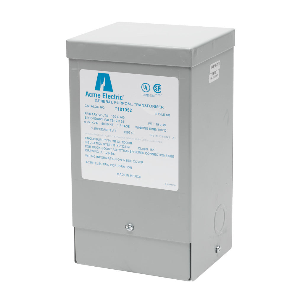 ACME buck-boost transformer, encapsulated core, 750 VA, 1-phase, 120/240 VAC, 12/24 VAC secondary, 50/60 Hz, NEMA 3R, wall mount.-T181052