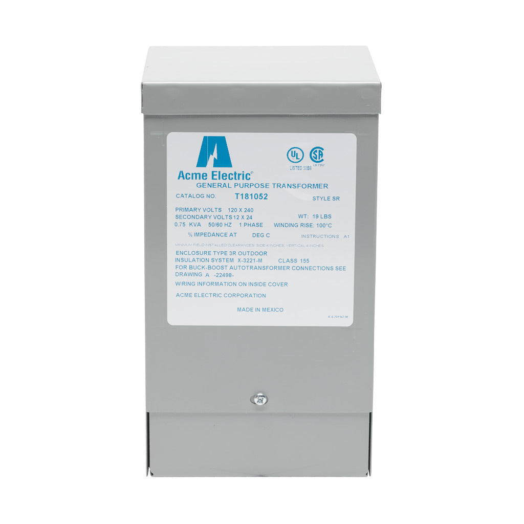 ACME buck-boost transformer, encapsulated core, 750 VA, 1-phase, 120/240 VAC, 12/24 VAC secondary, 50/60 Hz, NEMA 3R, wall mount.-T181052