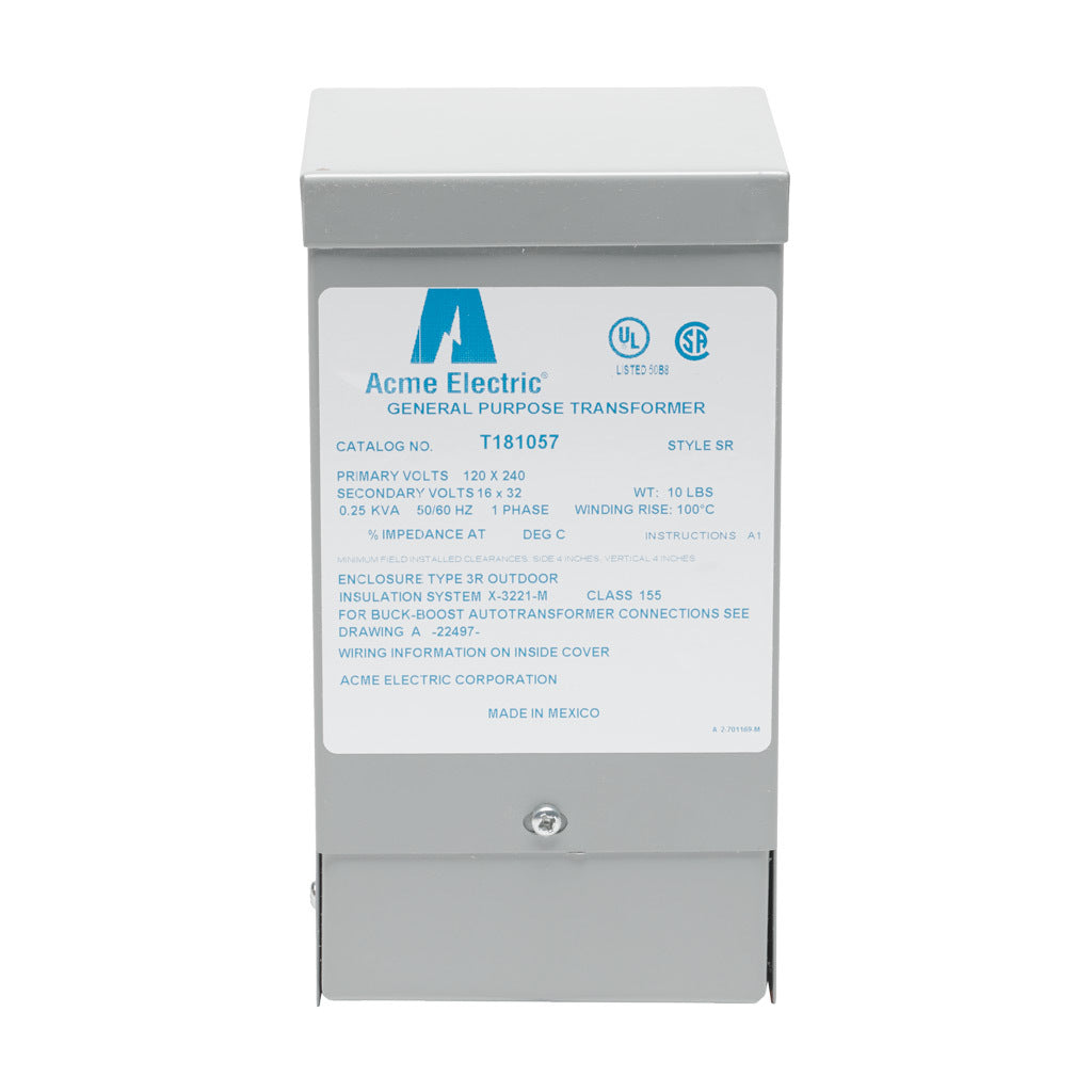 ACME buck-boost transformer, encapsulated core, 250 VA, 1-phase, 120/240 VAC, 16/32 VAC secondary, 50/60 Hz, NEMA 3R, wall mount.-T181057