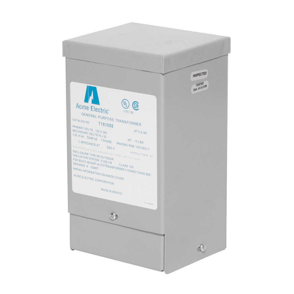 ACME buck-boost transformer, encapsulated core, 500 VA, 1-phase, 120/240 VAC, 16/32 VAC secondary, 50/60 Hz, NEMA 3R, wall mount.-T181058