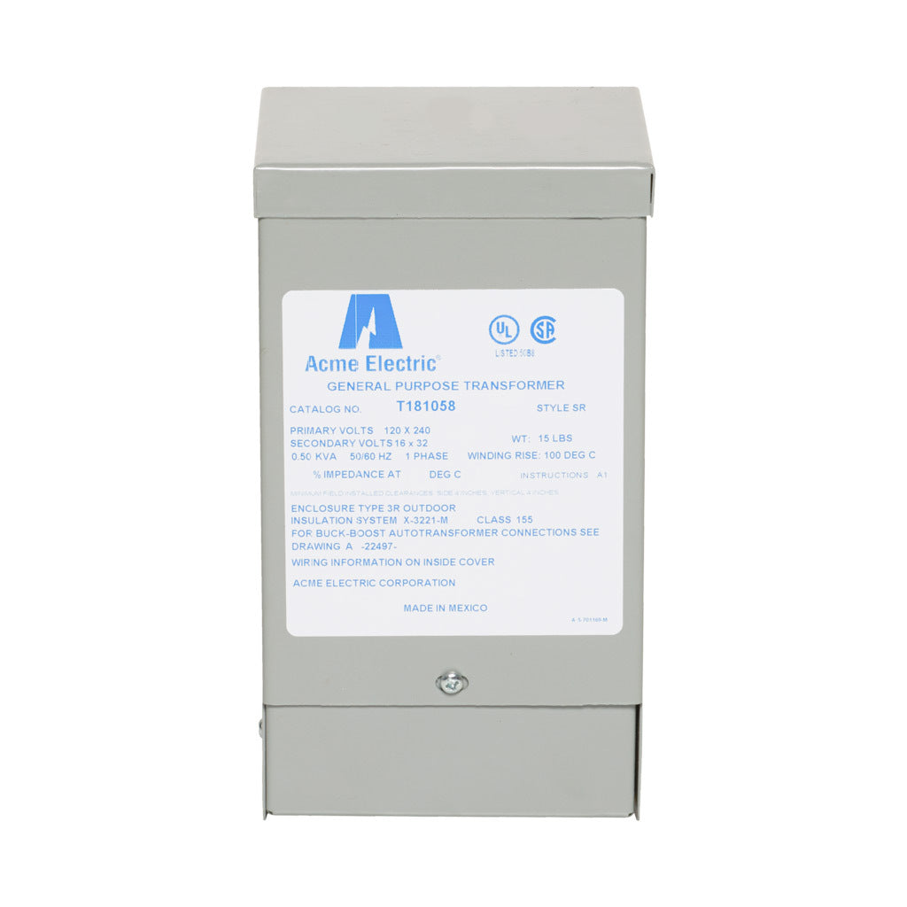 ACME buck-boost transformer, encapsulated core, 500 VA, 1-phase, 120/240 VAC, 16/32 VAC secondary, 50/60 Hz, NEMA 3R, wall mount.-T181058