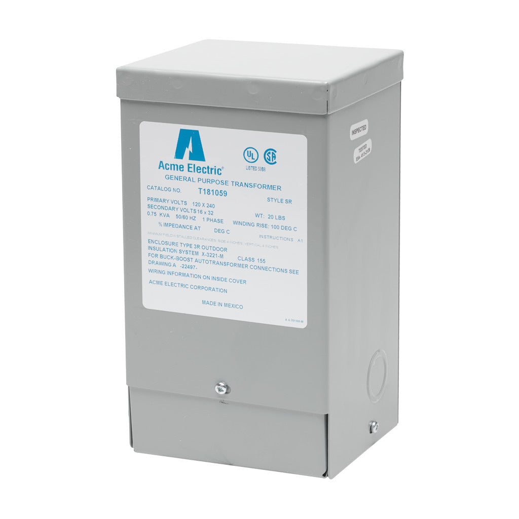 ACME buck-boost transformer, encapsulated core, 750 VA, 1-phase, 120/240 VAC, 16/32 VAC secondary, 50/60 Hz, NEMA 3R, wall mount.-T181059