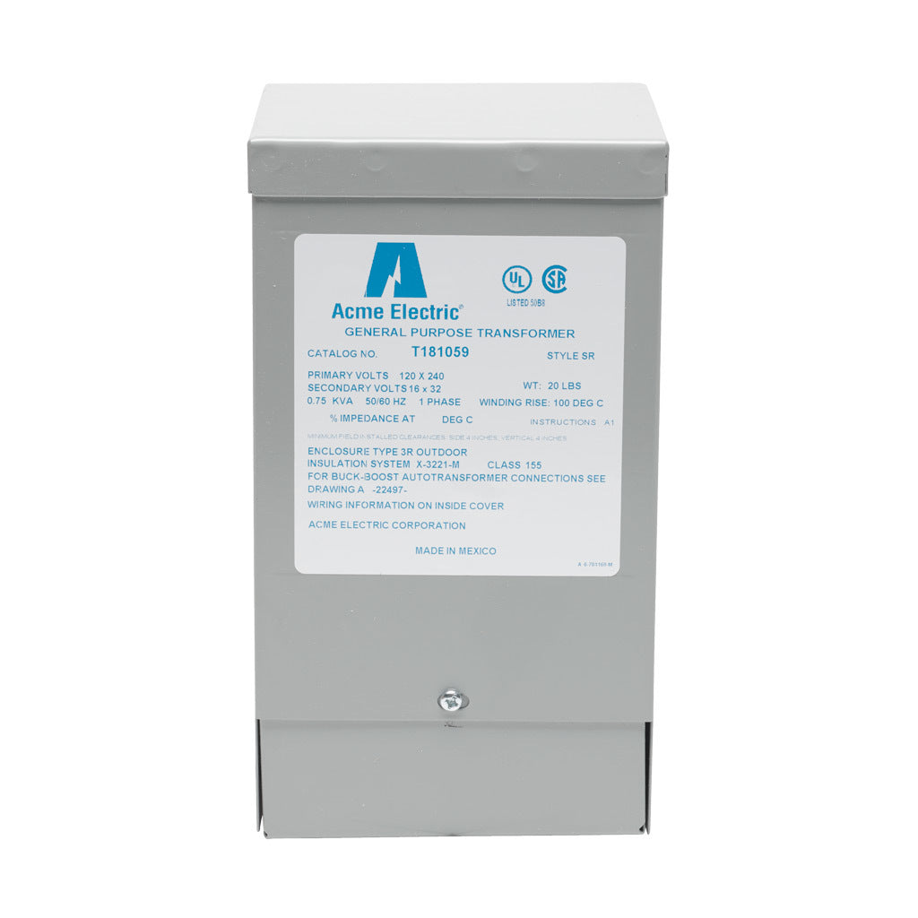 ACME buck-boost transformer, encapsulated core, 750 VA, 1-phase, 120/240 VAC, 16/32 VAC secondary, 50/60 Hz, NEMA 3R, wall mount.-T181059
