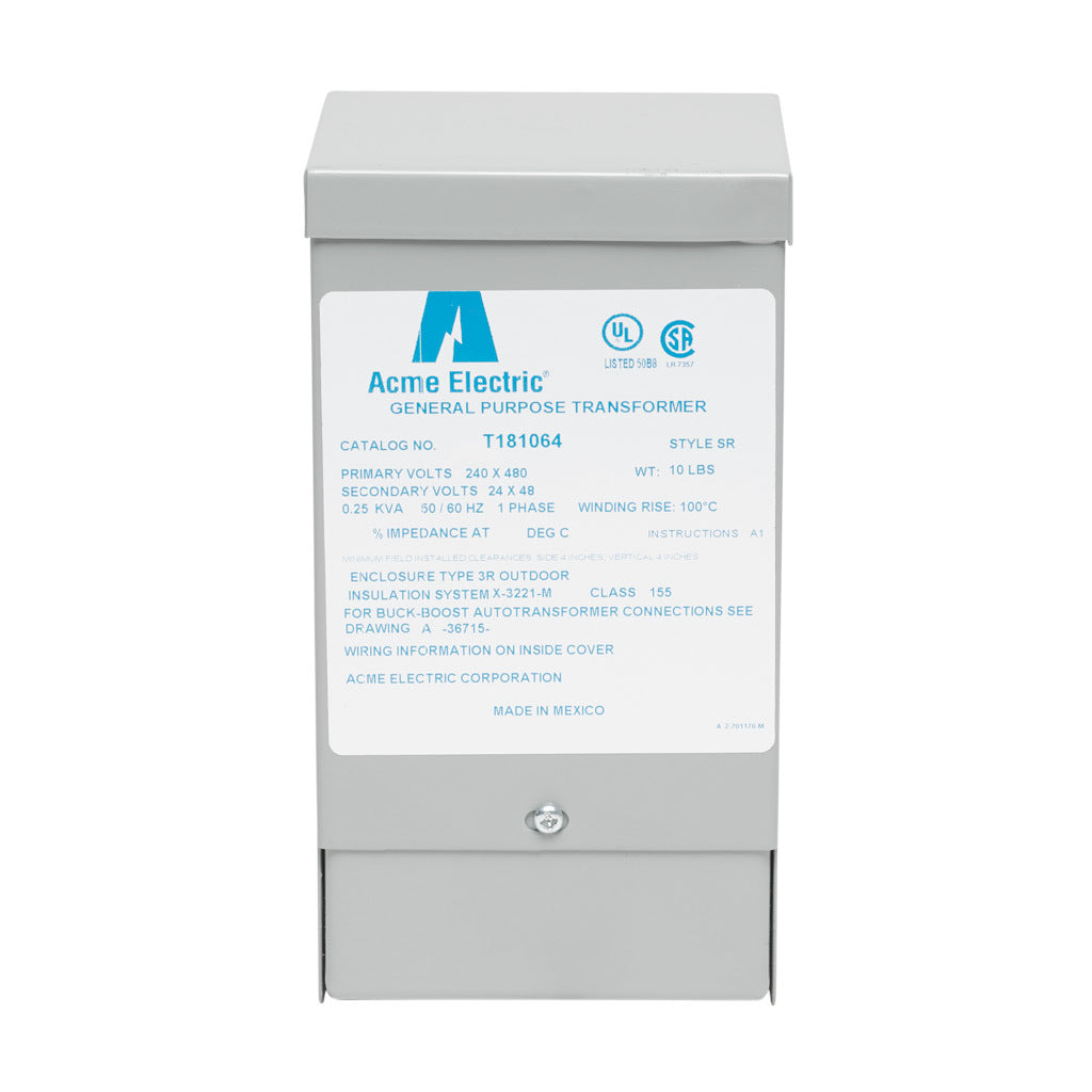 ACME buck-boost transformer, encapsulated core, 250 VA, 1-phase, 240/480 VAC, 24/48 VAC secondary, 50/60 Hz, NEMA 3R, wall mount.-T181064