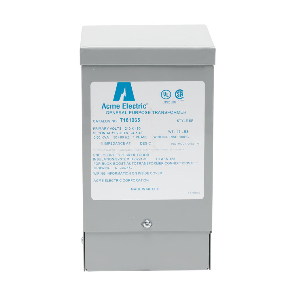 ACME buck-boost transformer, encapsulated core, 500 VA, 1-phase, 240/480 VAC, 24/48 VAC secondary, 50/60 Hz, NEMA 3R, wall mount.-T181065