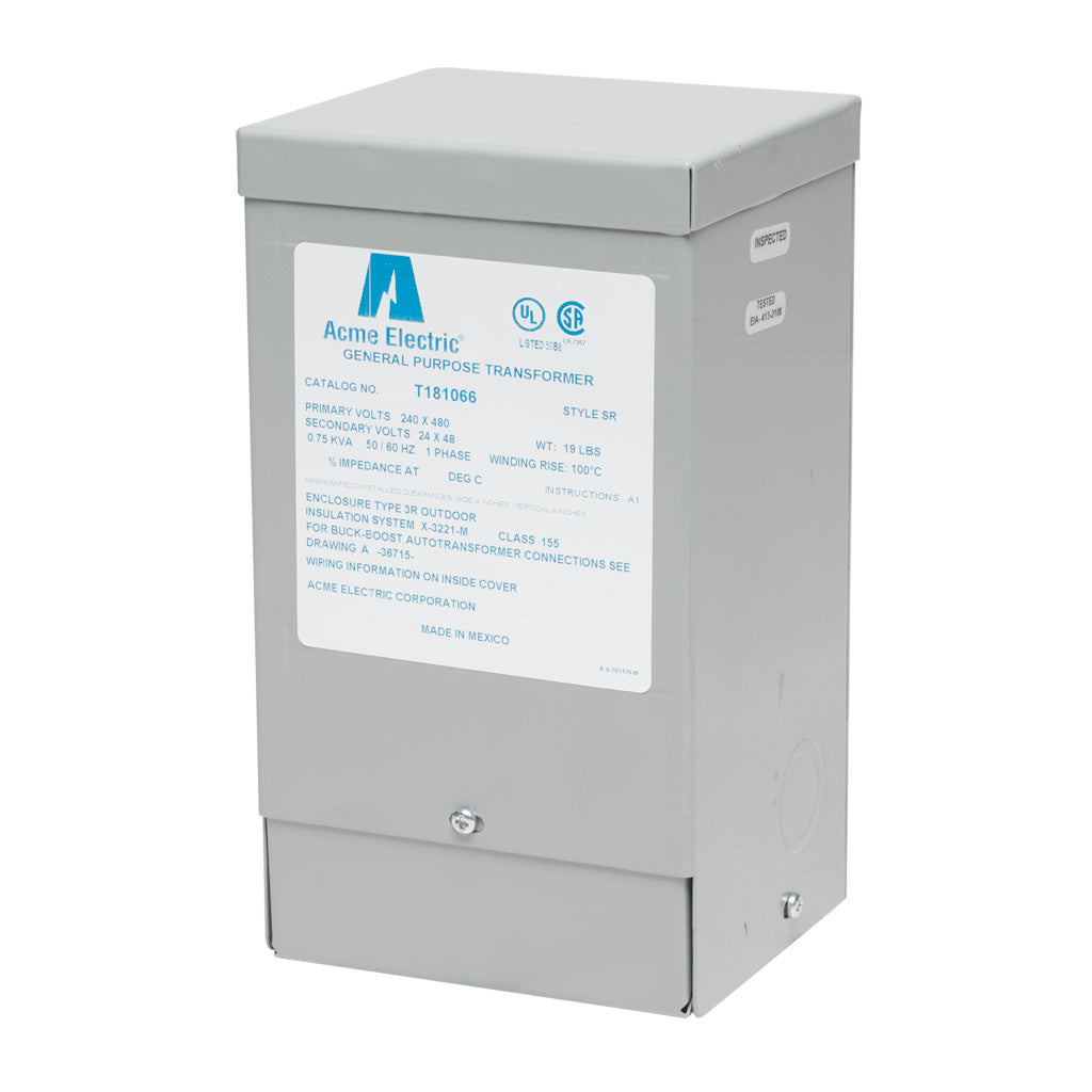 ACME buck-boost transformer, encapsulated core, 750 VA, 1-phase, 240/480 VAC, 24/48 VAC secondary, 50/60 Hz, NEMA 3R, wall mount.-T181066