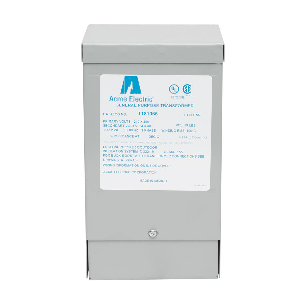 ACME buck-boost transformer, encapsulated core, 750 VA, 1-phase, 240/480 VAC, 24/48 VAC secondary, 50/60 Hz, NEMA 3R, wall mount.-T181066