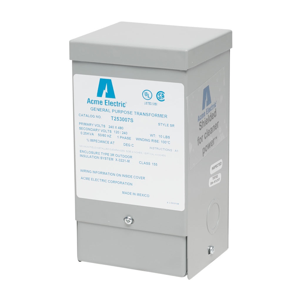 ACME general purpose transformer, encapsulated core, 250 VA, 1-phase, 240/480 VAC, 120/240 VAC secondary, 50/60 Hz, electrostatic shield, NEMA 3R, wall mount.-T253007S