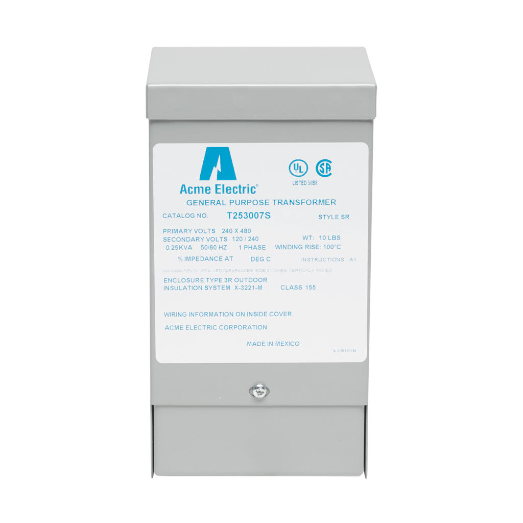 ACME general purpose transformer, encapsulated core, 250 VA, 1-phase, 240/480 VAC, 120/240 VAC secondary, 50/60 Hz, electrostatic shield, NEMA 3R, wall mount.-T253007S
