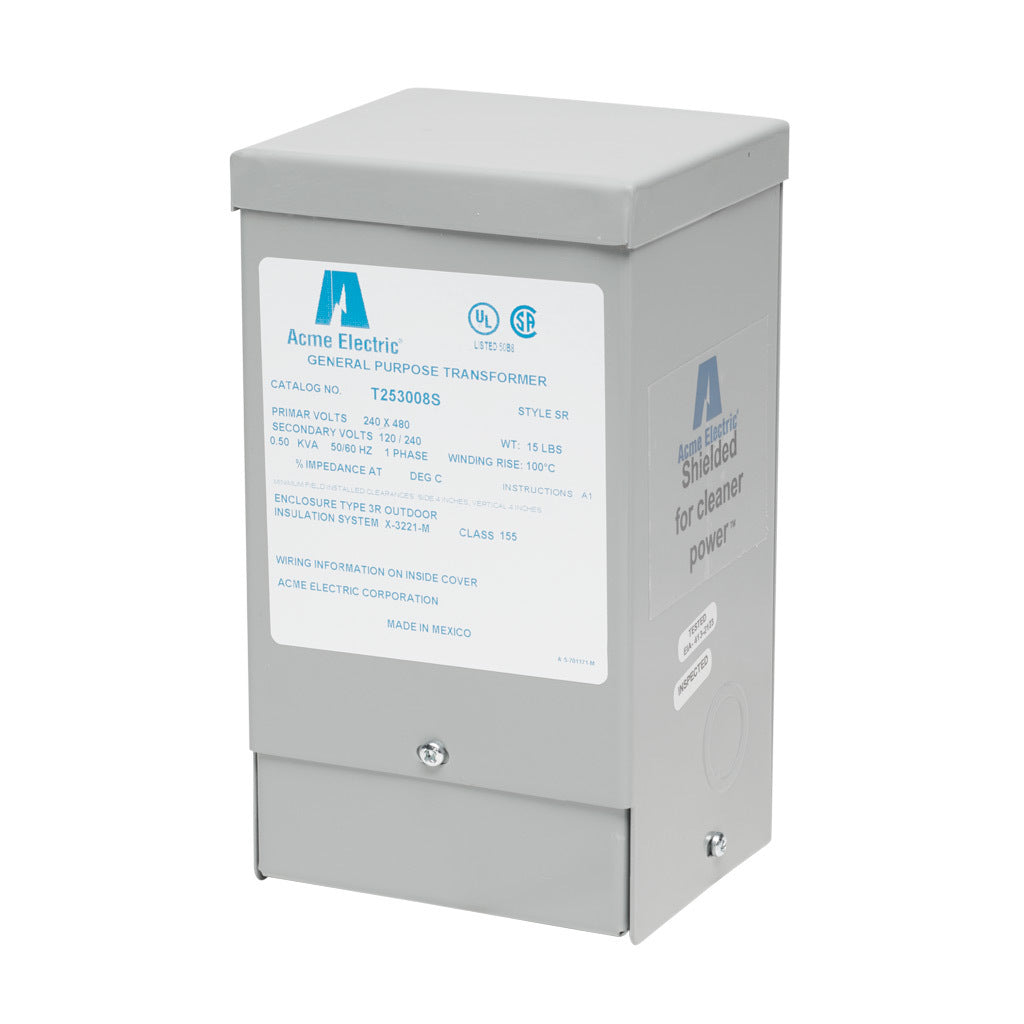 ACME general purpose transformer, encapsulated core, 500 VA, 1-phase, 240/480 VAC, 120/240 VAC secondary, 50/60 Hz, electrostatic shield, NEMA 3R, wall mount.-T253008S