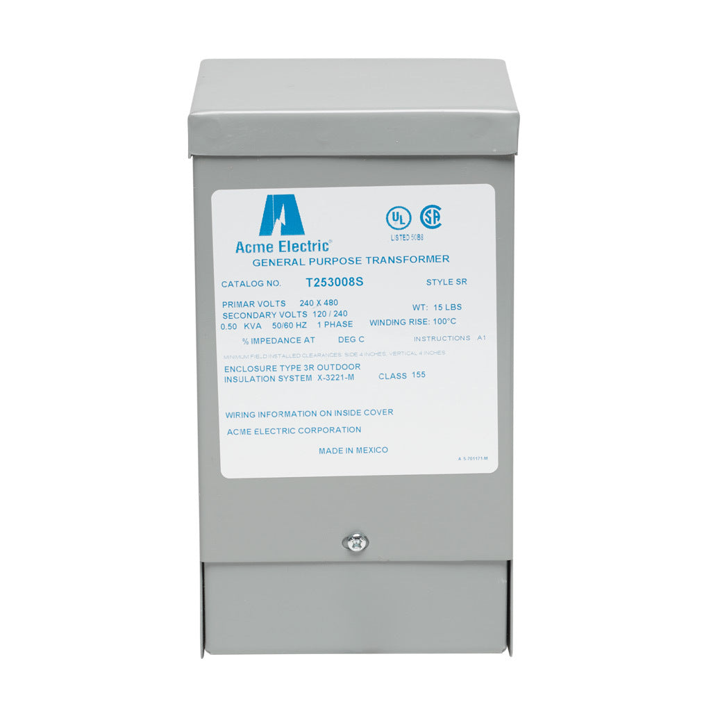 ACME general purpose transformer, encapsulated core, 500 VA, 1-phase, 240/480 VAC, 120/240 VAC secondary, 50/60 Hz, electrostatic shield, NEMA 3R, wall mount.-T253008S
