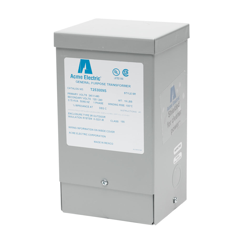 ACME general purpose transformer, encapsulated core, 750 VA, 1-phase, 240/480 VAC, 120/240 VAC secondary, 50/60 Hz, electrostatic shield, NEMA 3R, wall mount.-T253009S