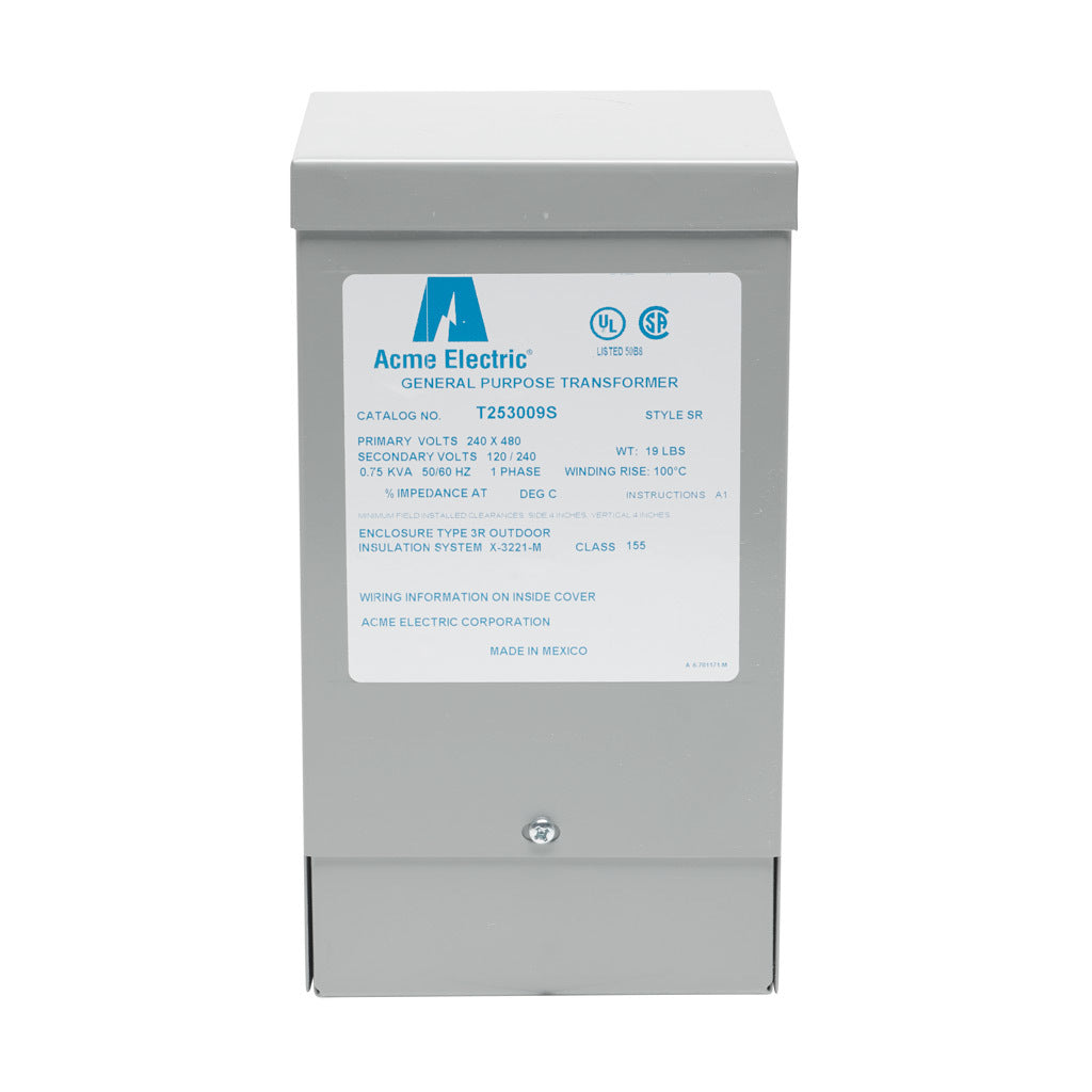 ACME general purpose transformer, encapsulated core, 750 VA, 1-phase, 240/480 VAC, 120/240 VAC secondary, 50/60 Hz, electrostatic shield, NEMA 3R, wall mount.-T253009S