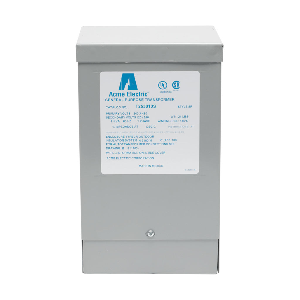ACME general purpose transformer, encapsulated core, 1 kVA, 1-phase, 240/480 VAC, 120/240 VAC secondary, 60 Hz, electrostatic shield, NEMA 3R, wall mount.-T253010S