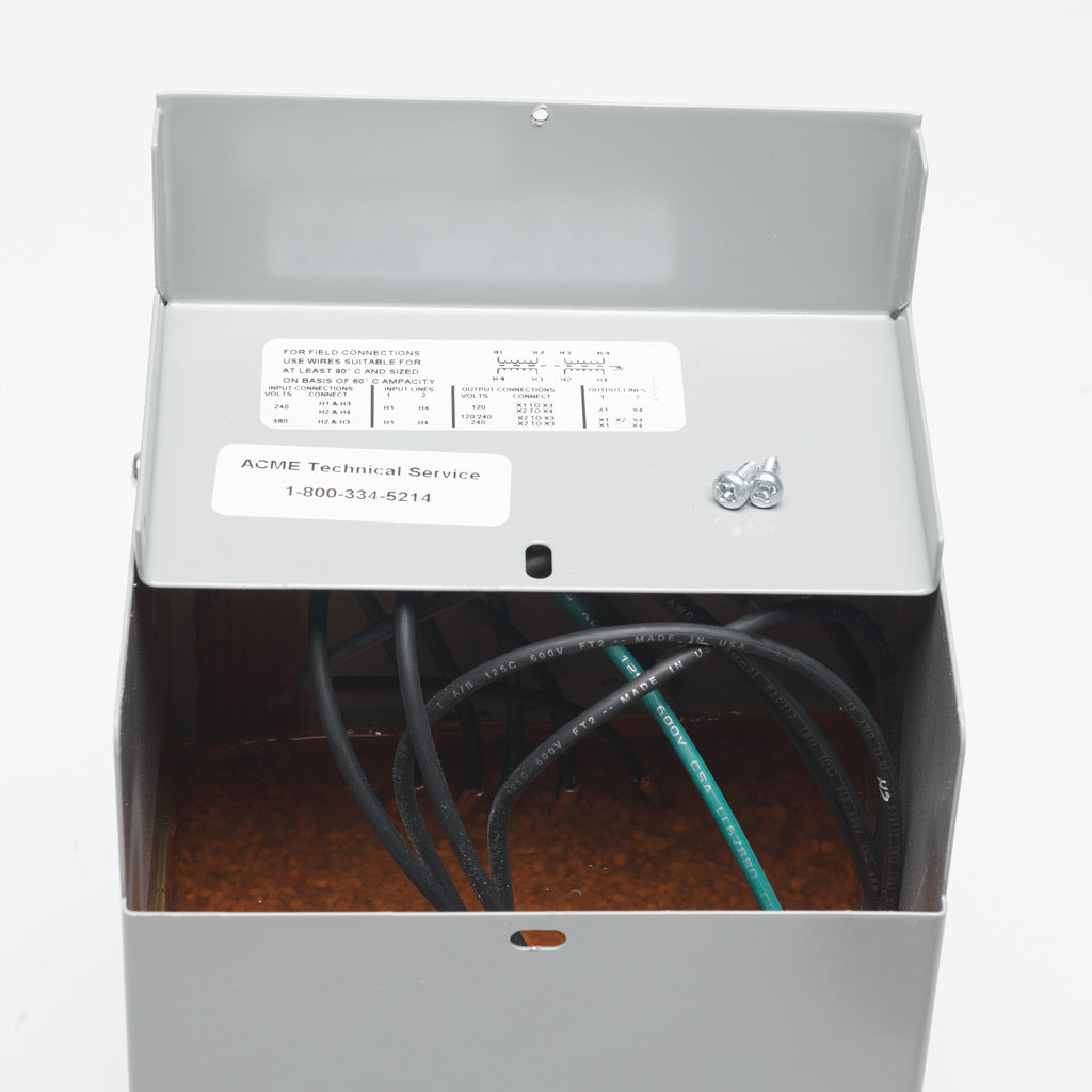 ACME general purpose transformer, encapsulated core, 1 kVA, 1-phase, 240/480 VAC, 120/240 VAC secondary, 60 Hz, electrostatic shield, NEMA 3R, wall mount.-T253010S
