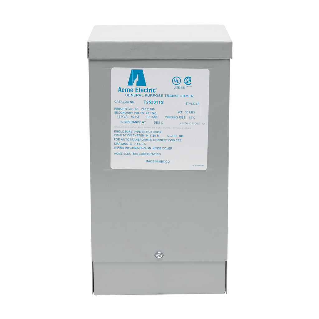 ACME general purpose transformer, encapsulated core, 1.5 kVA, 1-phase, 240/480 VAC, 120/240 VAC secondary, 60 Hz, electrostatic shield, NEMA 3R, wall mount.-T253011S