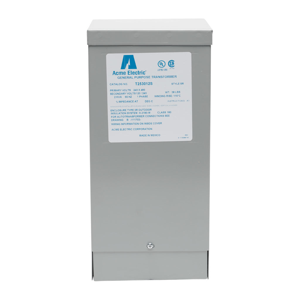 ACME general purpose transformer, encapsulated core, 2 kVA, 1-phase, 240/480 VAC, 120/240 VAC secondary, 60 Hz, electrostatic shield, NEMA 3R, wall mount.-T253012S