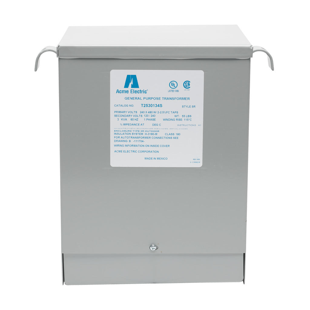 ACME general purpose transformer, encapsulated core, 3 kVA, 1-phase, 240/480 VAC, 120/240 VAC secondary, 60 Hz, electrostatic shield, NEMA 3R, wall mount.-T2530134S