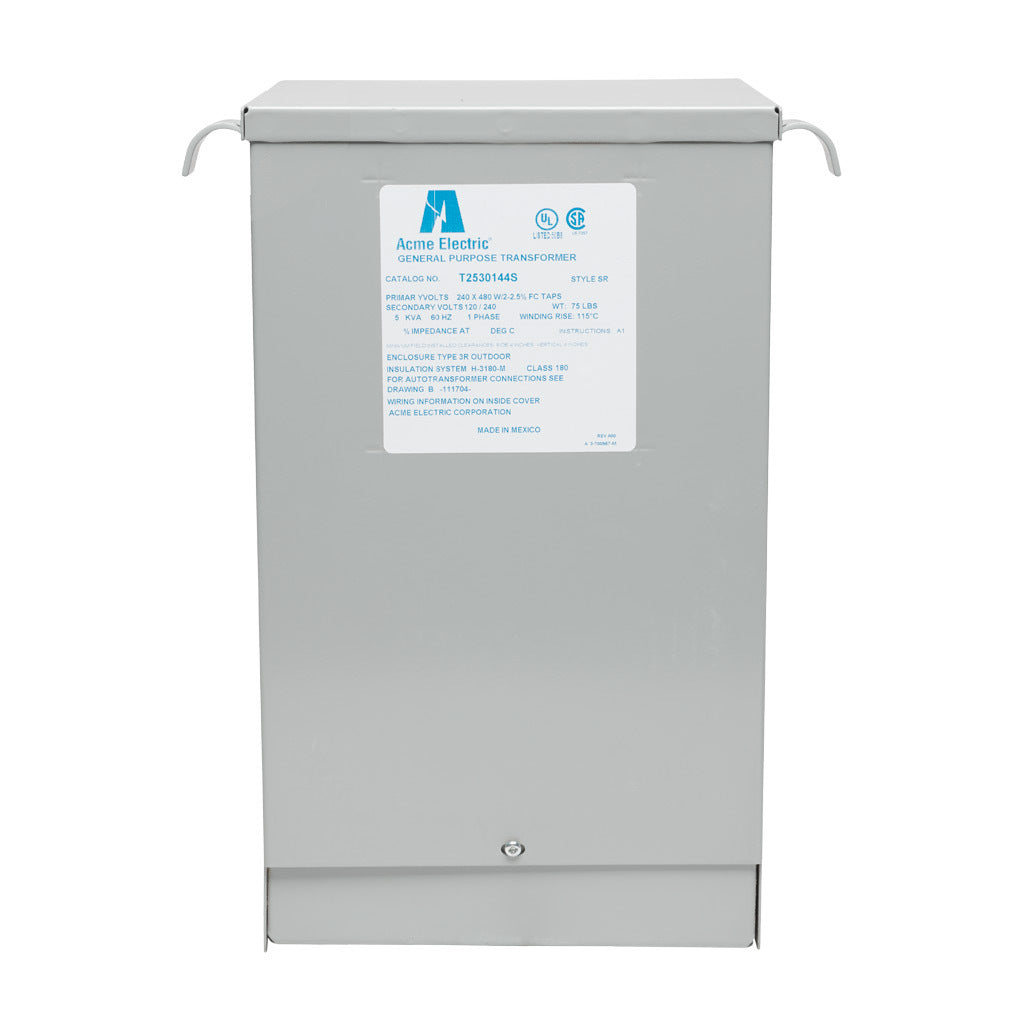 ACME general purpose transformer, encapsulated core, 5 kVA, 1-phase, 240/480 VAC, 120/240 VAC secondary, 60 Hz, electrostatic shield, NEMA 3R, wall mount.-T2530144S