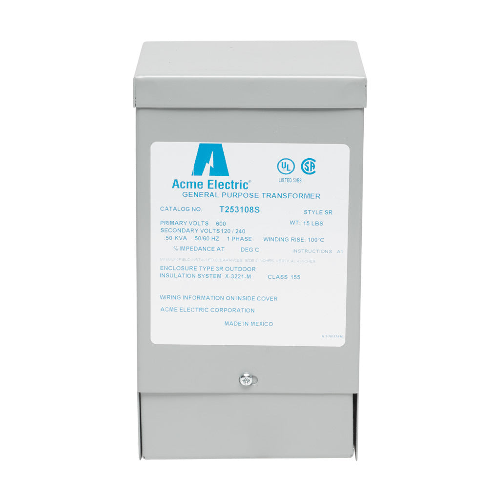 ACME general purpose transformer, encapsulated core, 500 VA, 1-phase, 600 VAC, 120/240 VAC secondary, 50/60 Hz, electrostatic shield, NEMA 3R, wall mount.-T253108S