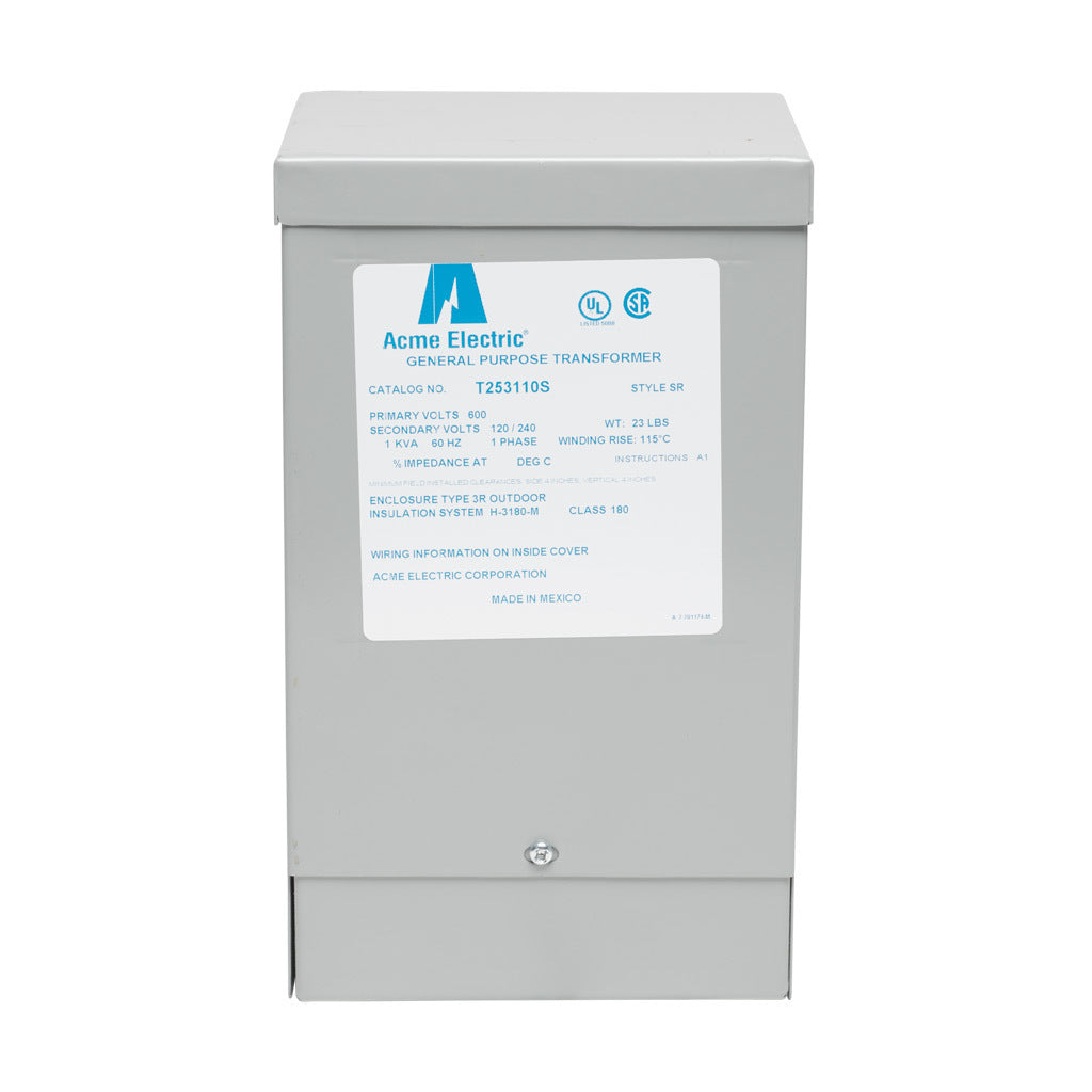 ACME general purpose transformer, encapsulated core, 1 kVA, 1-phase, 600 VAC, 120/240 VAC secondary, 60 Hz, electrostatic shield, NEMA 3R, wall mount.-T253110S