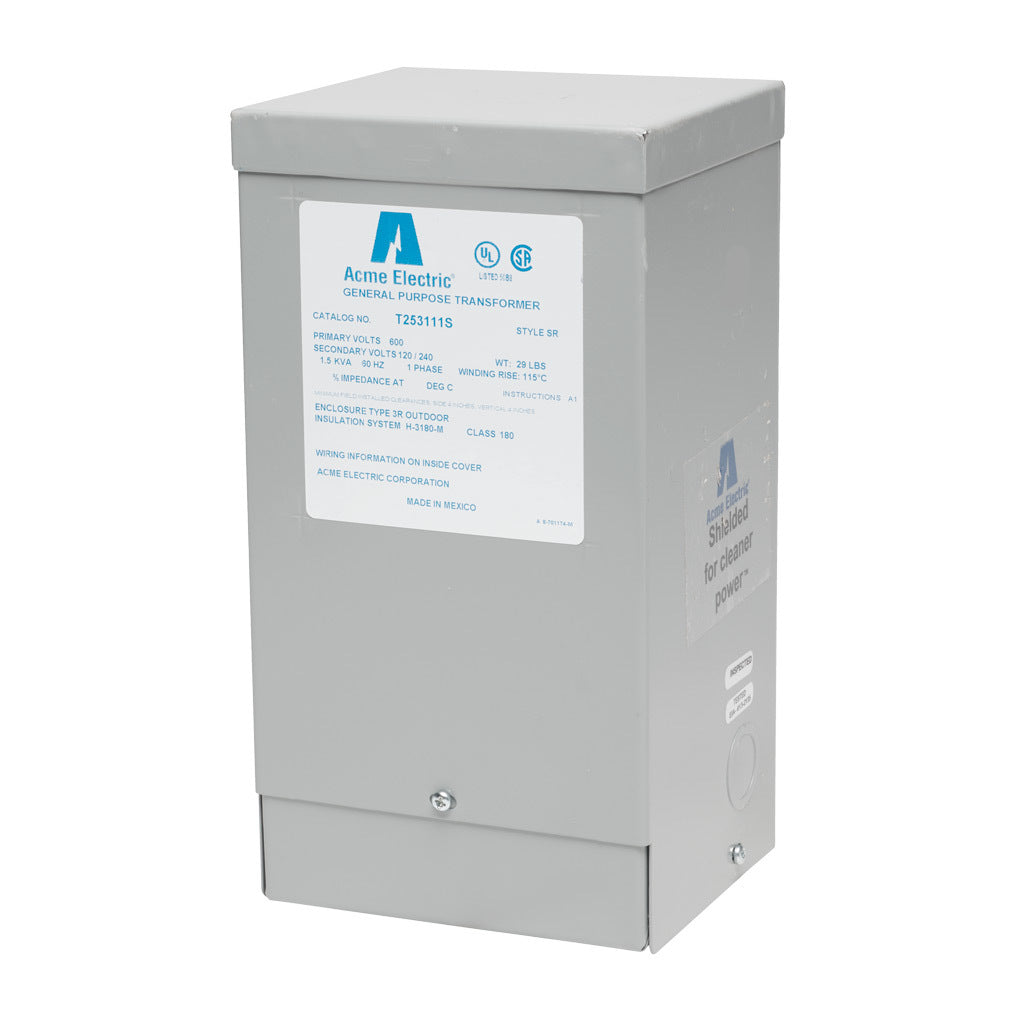 ACME general purpose transformer, encapsulated core, 1.5 kVA, 1-phase, 600 VAC, 120/240 VAC secondary, 60 Hz, electrostatic shield, NEMA 3R, wall mount.-T253111S