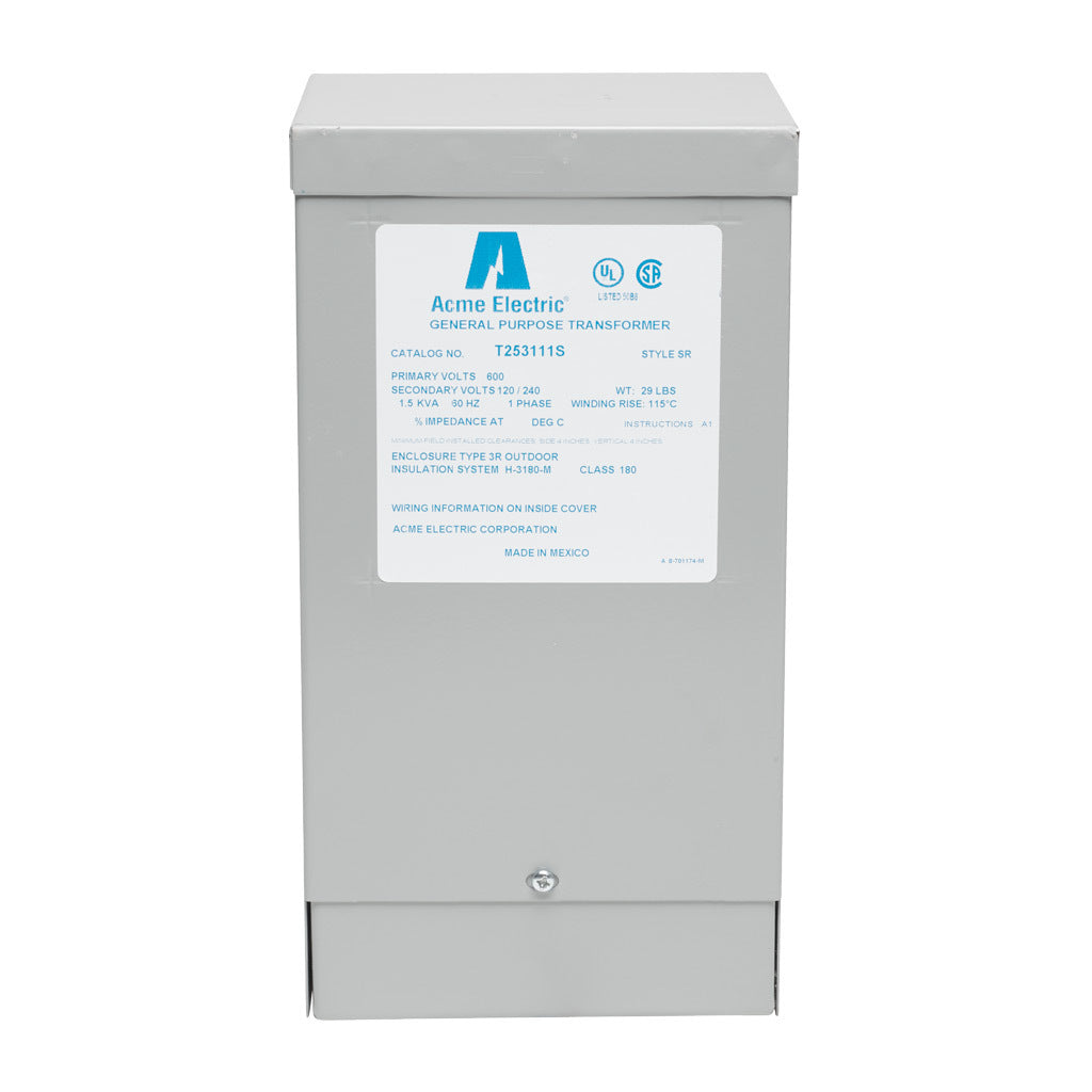 ACME general purpose transformer, encapsulated core, 1.5 kVA, 1-phase, 600 VAC, 120/240 VAC secondary, 60 Hz, electrostatic shield, NEMA 3R, wall mount.-T253111S