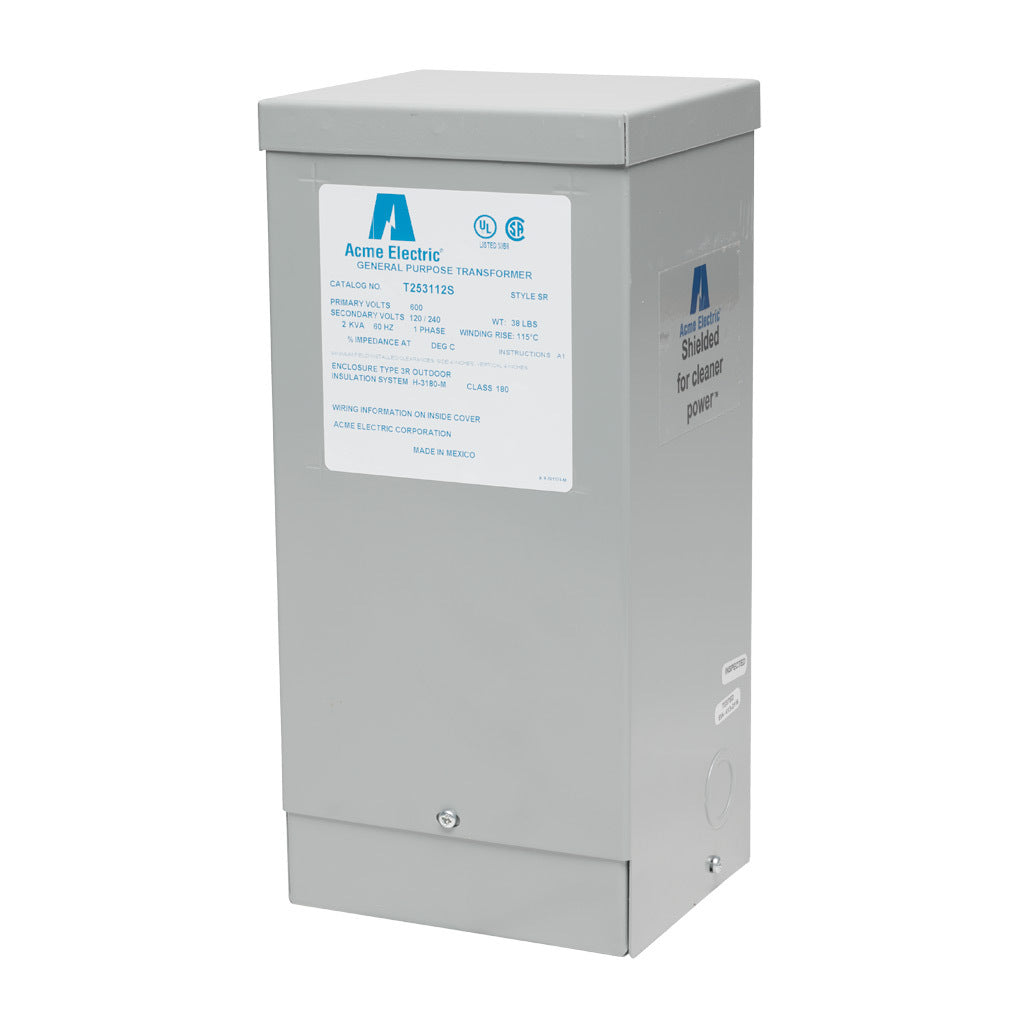 ACME general purpose transformer, encapsulated core, 2 kVA, 1-phase, 600 VAC, 120/240 VAC secondary, 60 Hz, electrostatic shield, NEMA 3R, wall mount.-T253112S