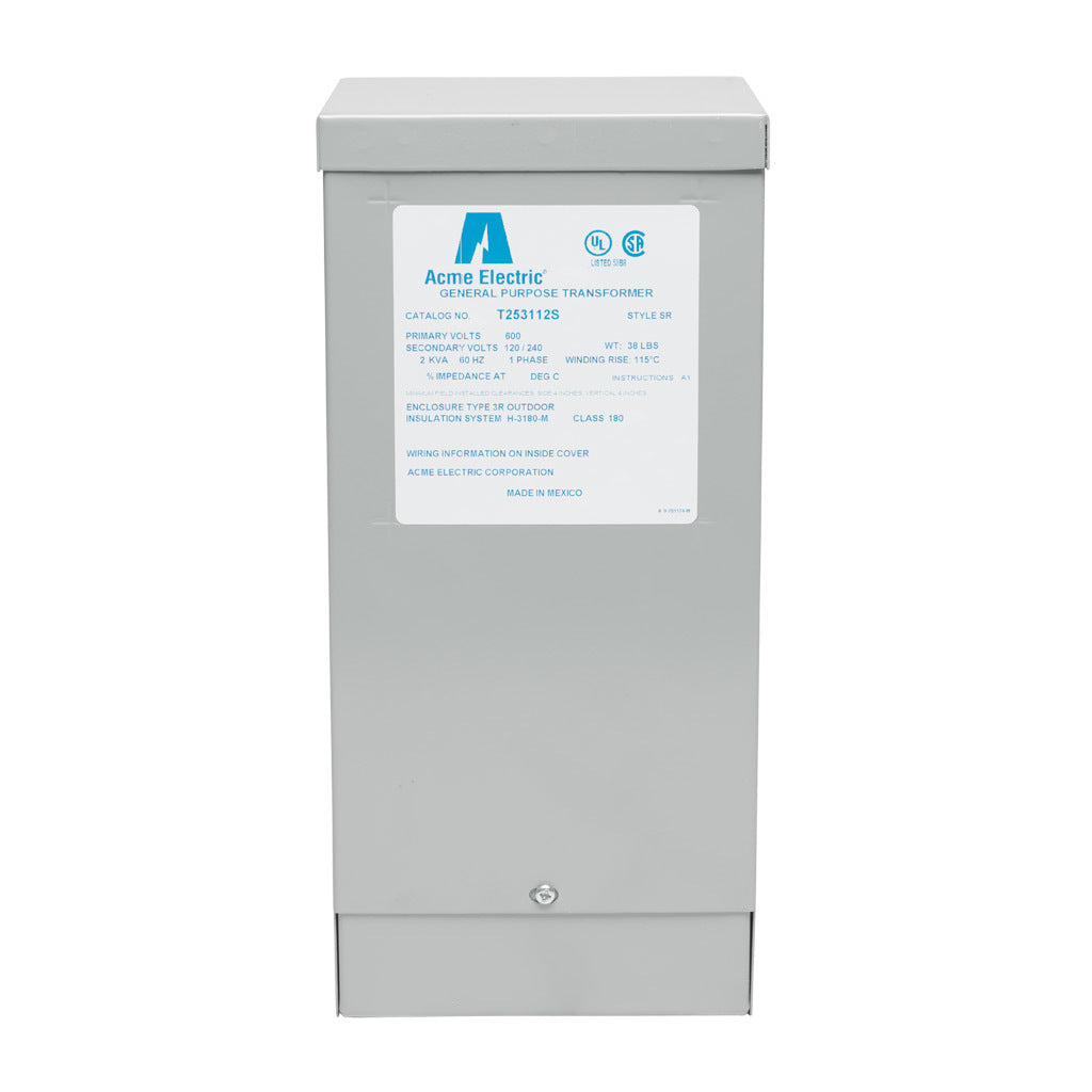 ACME general purpose transformer, encapsulated core, 2 kVA, 1-phase, 600 VAC, 120/240 VAC secondary, 60 Hz, electrostatic shield, NEMA 3R, wall mount.-T253112S