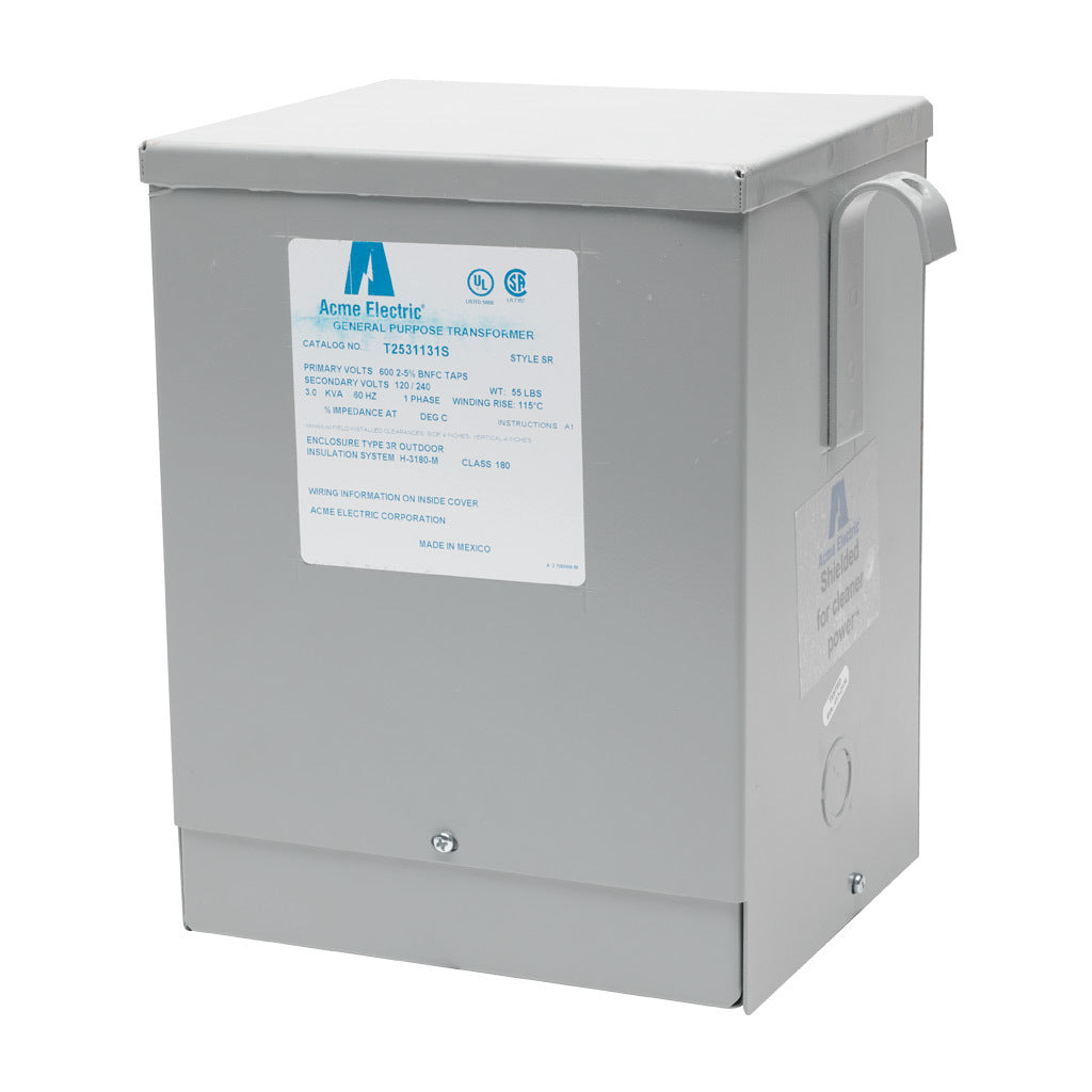 ACME general purpose transformer, encapsulated core, 3 kVA, 1-phase, 600 VAC, 120/240 VAC secondary, 60 Hz, electrostatic shield, NEMA 3R, wall mount.-T2531131S