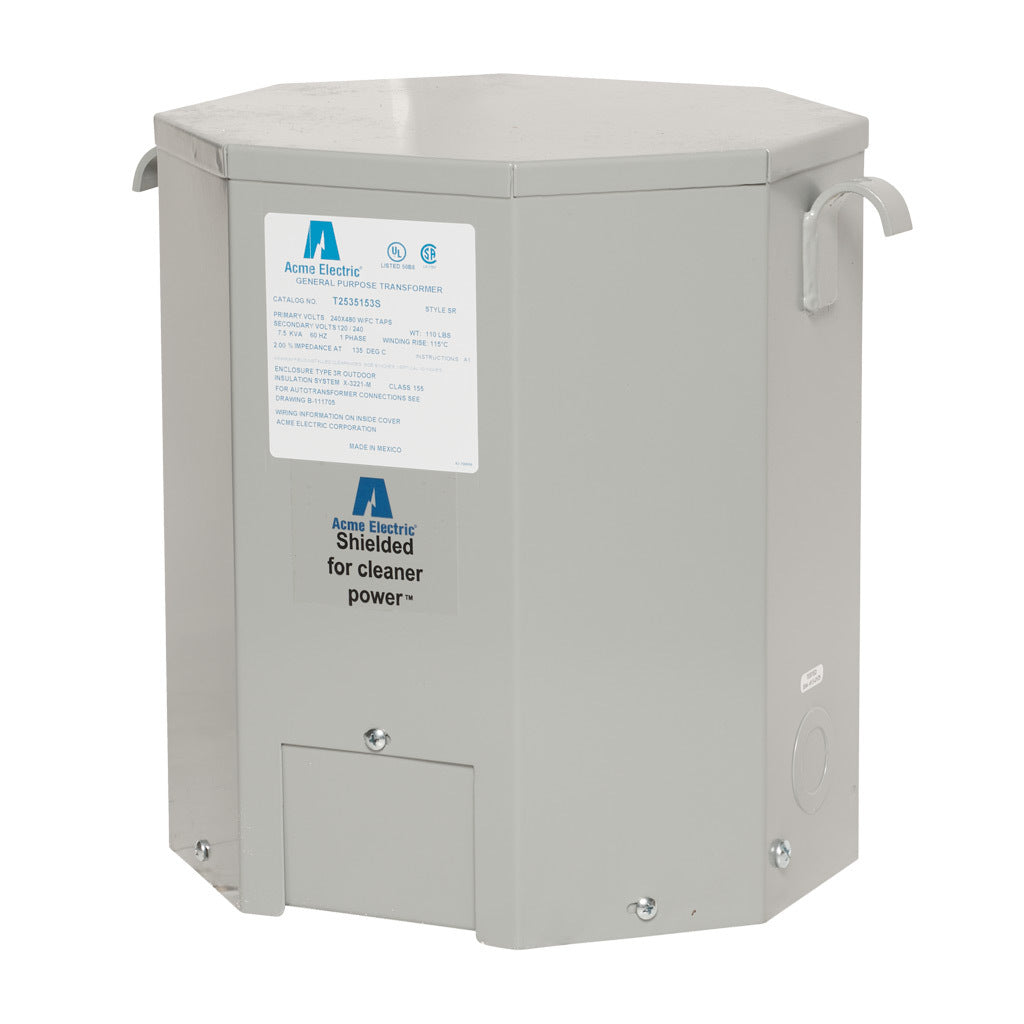 ACME general purpose transformer, encapsulated core, 7.5 kVA, 1-phase, 240/480 VAC, 120/240 VAC secondary, 60 Hz, electrostatic shield, NEMA 3R, wall mount.-T2535153S